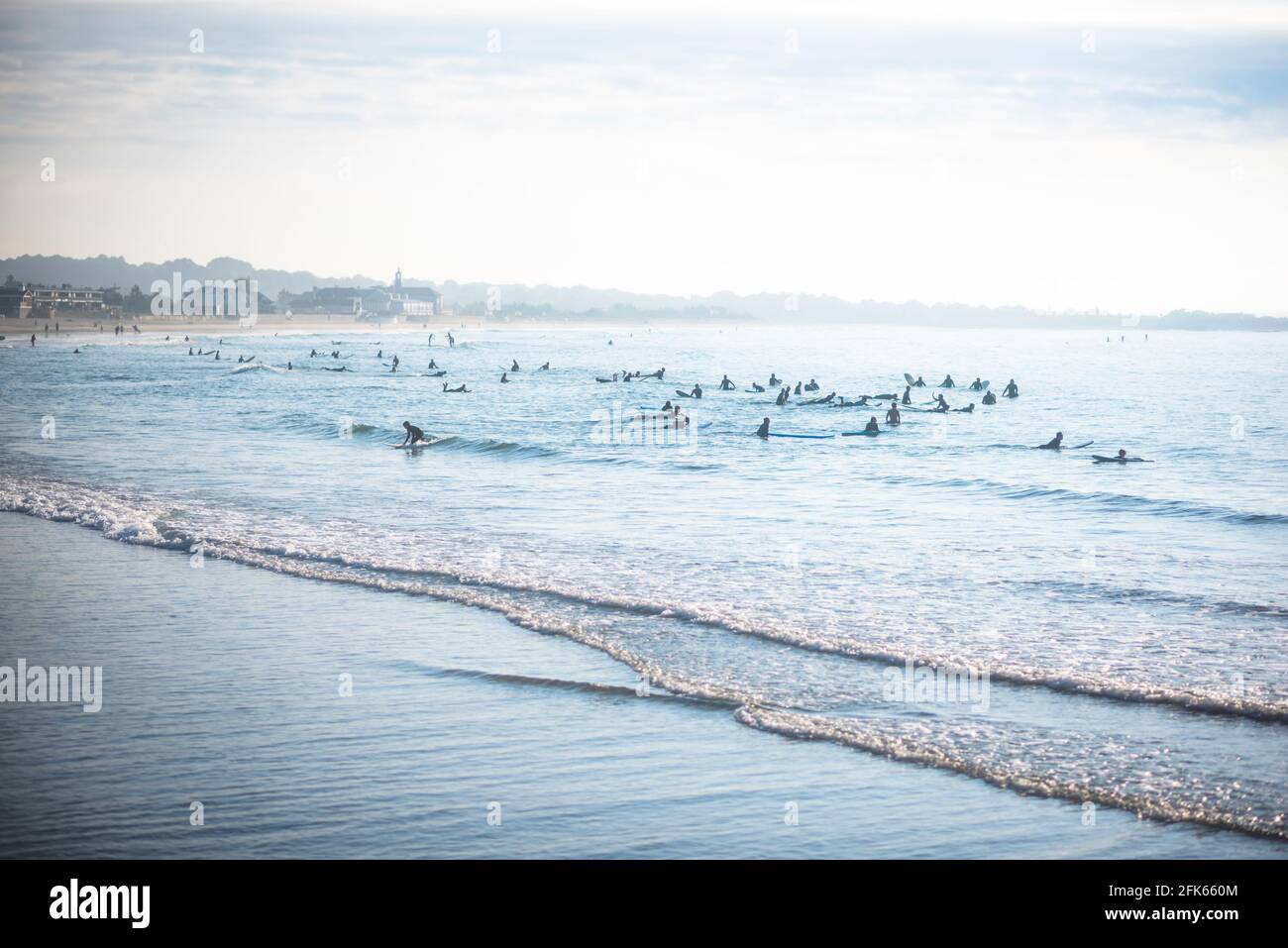 Crowded Narragansett Beach Surf Lineup At Sunrise In Summer Stock Photo Alamy
