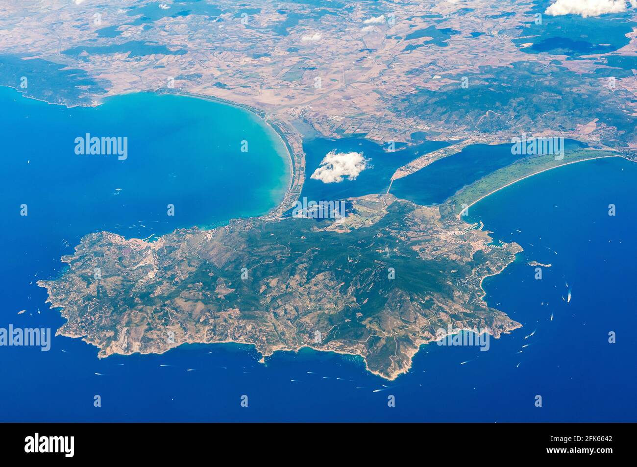 Aerial view of Monte Argentario peninsula, Grosseto, Tuscany, It Stock Photo
