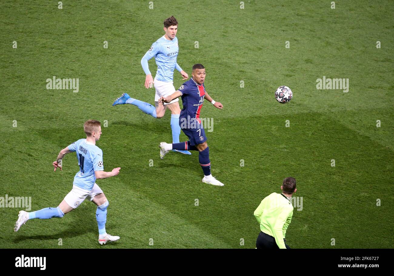 Kylian Mbappe of PSG, John Stones of Manchester City (left) during the UEFA  Champions League, Group A football match between Manchester City and Paris  Saint-Germain (PSG) on November 24, 2021 at Etihad