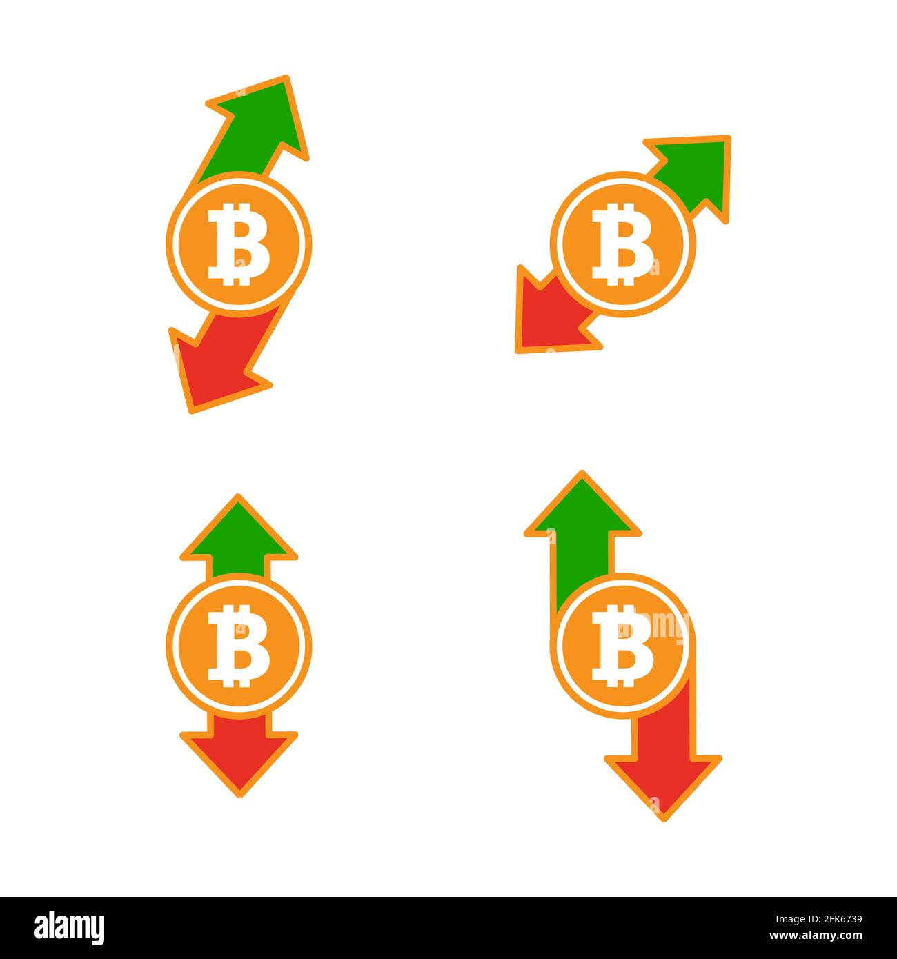 Bitcoin up and down arrow set. Crypto currency crisis concept. Digital currency risk. Stock Vector