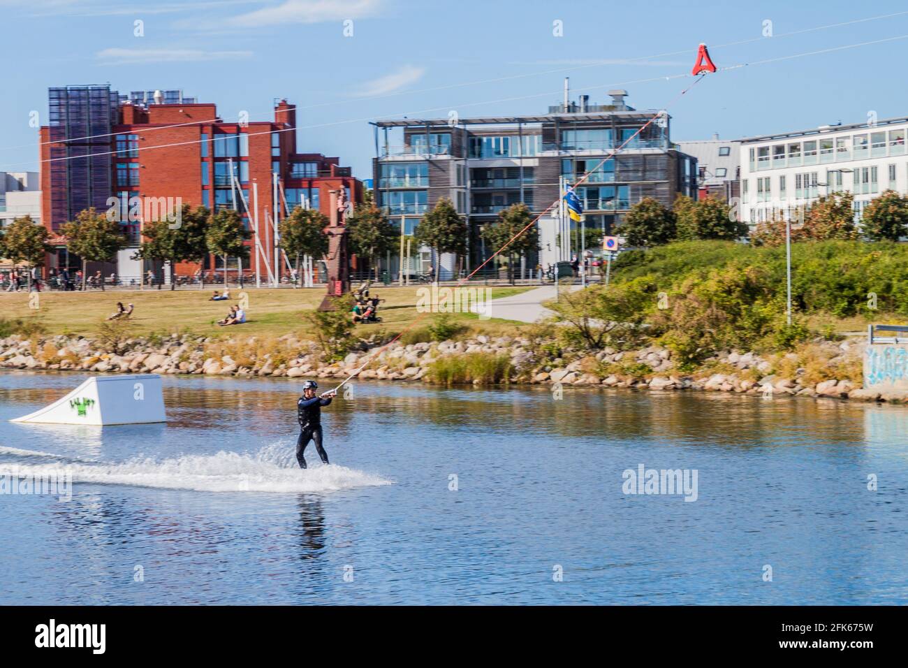 MALMO, SWEDEN - AUGUST 27, 2016: Wakeboarding at Turbinkanalen canal in Malmo Sweden Stock Photo