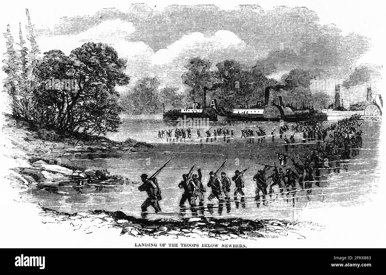Engraving of the landing of Union troops near Newbeen during the American civil war: Stock Photo