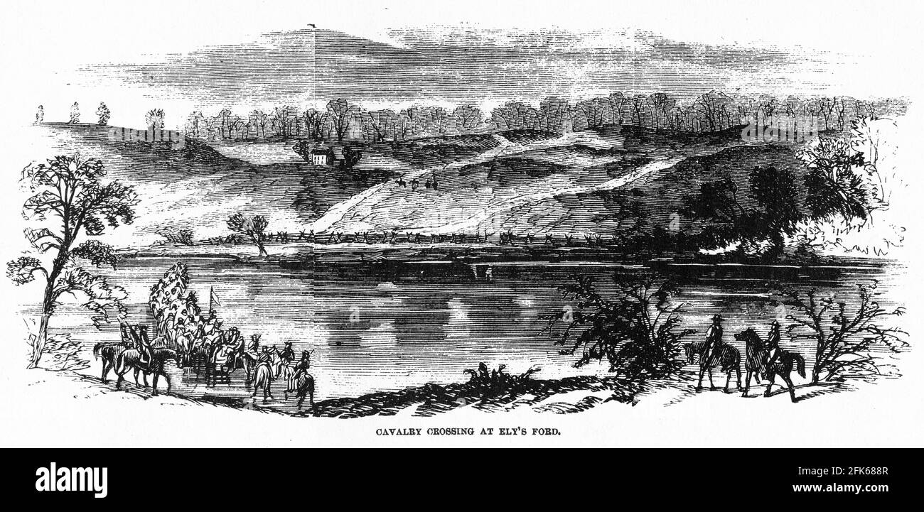 Engraving of the 8th Pennsylvania Cavalry crossing at Ely's Ford before the battle of Chancellorsville in early 1863. Chancellorsville is known as Lee's 'perfect battle' because his risky decision to divide his army in the presence of a much larger enemy force resulted in a significant Confederate victory. Stock Photo