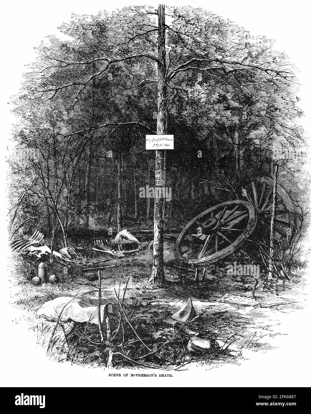 Engraving of the place of General James Birdseye McPherson's death during the American civil war. McPherson was on the General's staff of Henry Halleck and later, of Ulysses S. Grant and was with Grant at the Battle of Shiloh. He was killed at the Battle of Atlanta, facing the army of his old West Point classmate John Bell Hood, who paid a warm tribute to his character. Stock Photo
