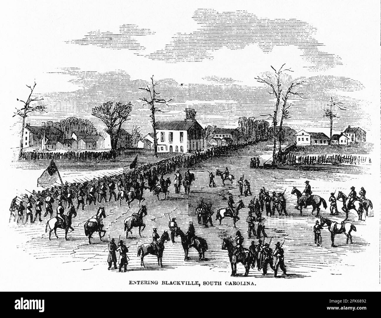 Engraving of Union soldiers entering Blackville, South Carolina during