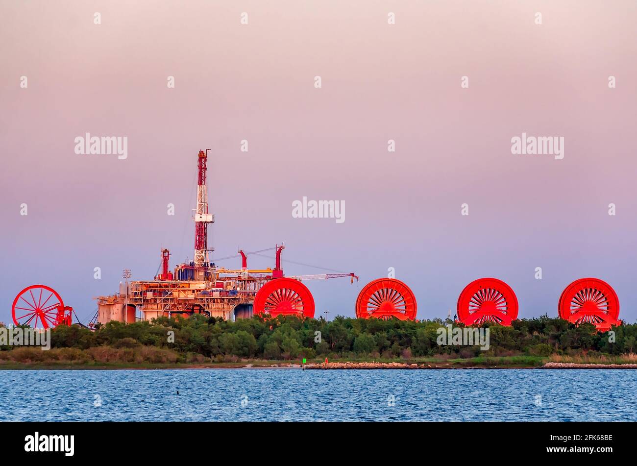Reels used in the installation of subsea pipelines are seen at Halter Marine and Offshore, a subsidiary of ST Engineering, in Pascagoula, Mississippi. Stock Photo