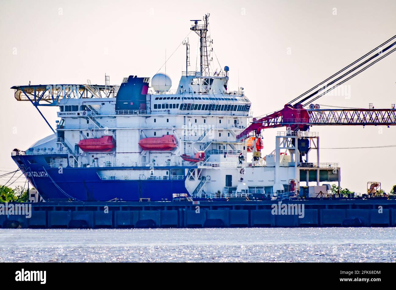Nor Goliath, an offshore supply ship, is docked, April 22, 2021, in Pascagoula, Mississippi. The ship was built in 2009. Stock Photo