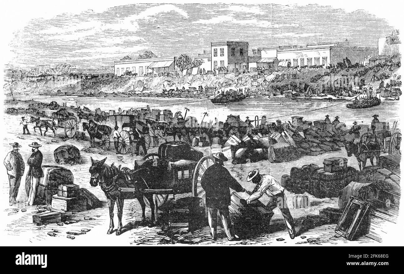 Engraving of the Confederate evacuation of Brownsville during the American civil war: Stock Photo