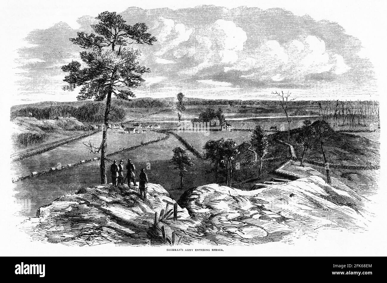 Engraving of Sherman's army entering Resaca during the American civil war: Stock Photo