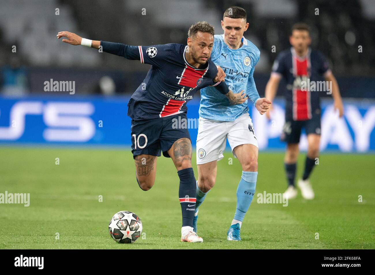 Paris, France. 28th Apr, 2021. Neymar of Paris Saint-Germain in action with Phil Foden of Manchester City during the UEFA Champions League Semi Final First Leg match between Paris Saint-Germain and Manchester City at Parc des Princes on April 28, 2021 in Paris, France. Photo by David Niviere/ABACAPRESS.COM Credit: Abaca Press/Alamy Live News Stock Photo