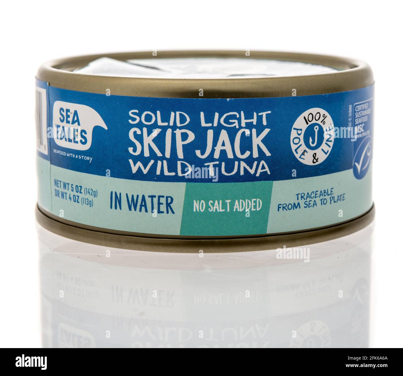 Winneconne, WI - 22 April 2021:  A package of Sea Tales solid light skip jack wild tuna on an isolated background Stock Photo