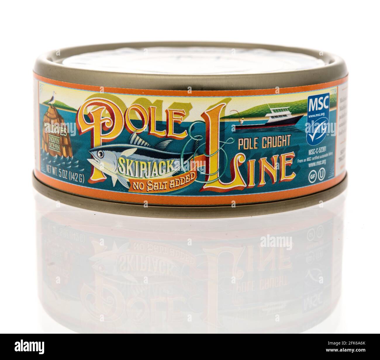 Winneconne, WI - 22 April 2021:  A package of Maldivest pole line skip jack wild tuna on an isolated background Stock Photo