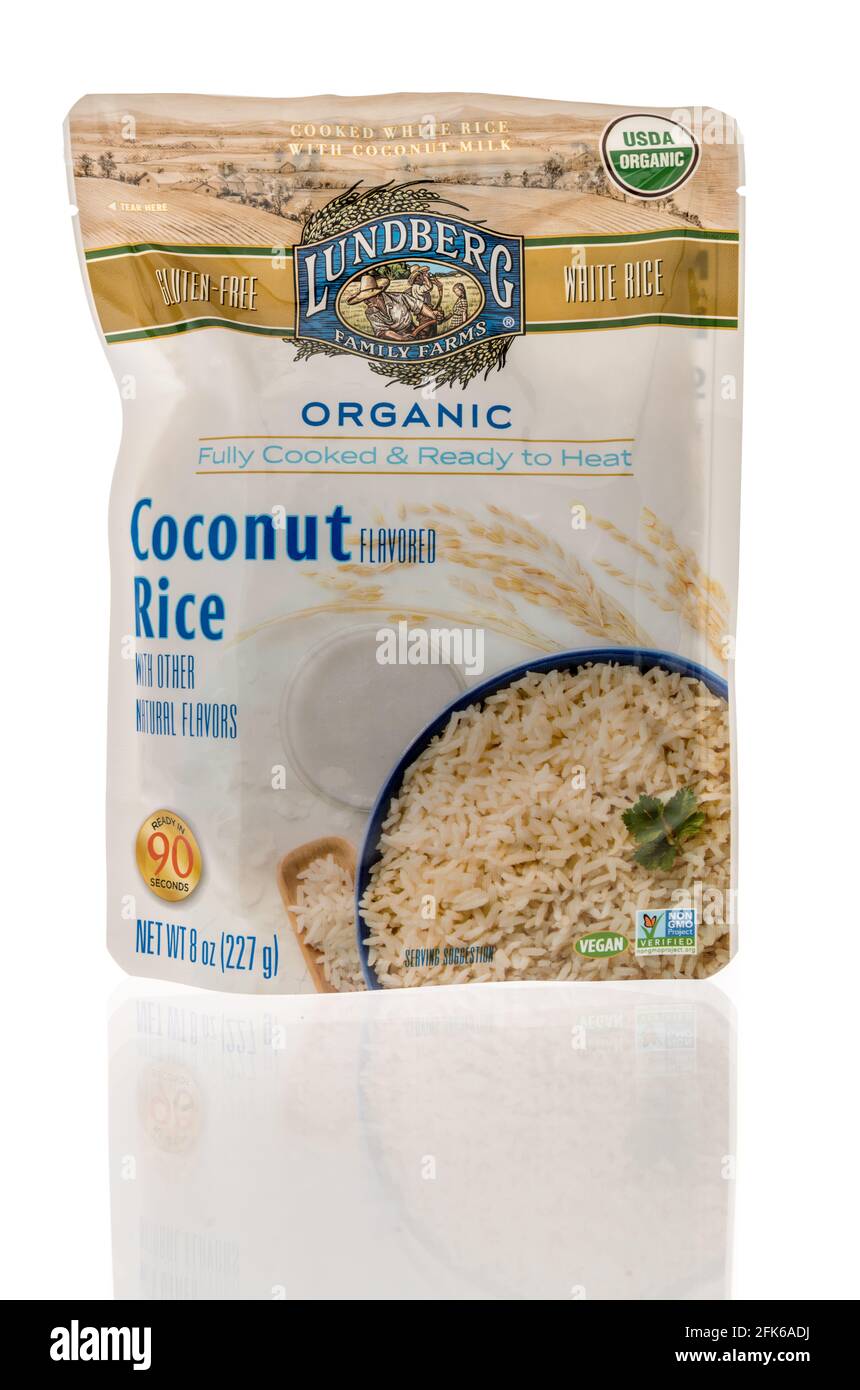 Winneconne, WI - 22 April 2021:  A package of Lundberg family farms coconut rice on an isolated background Stock Photo