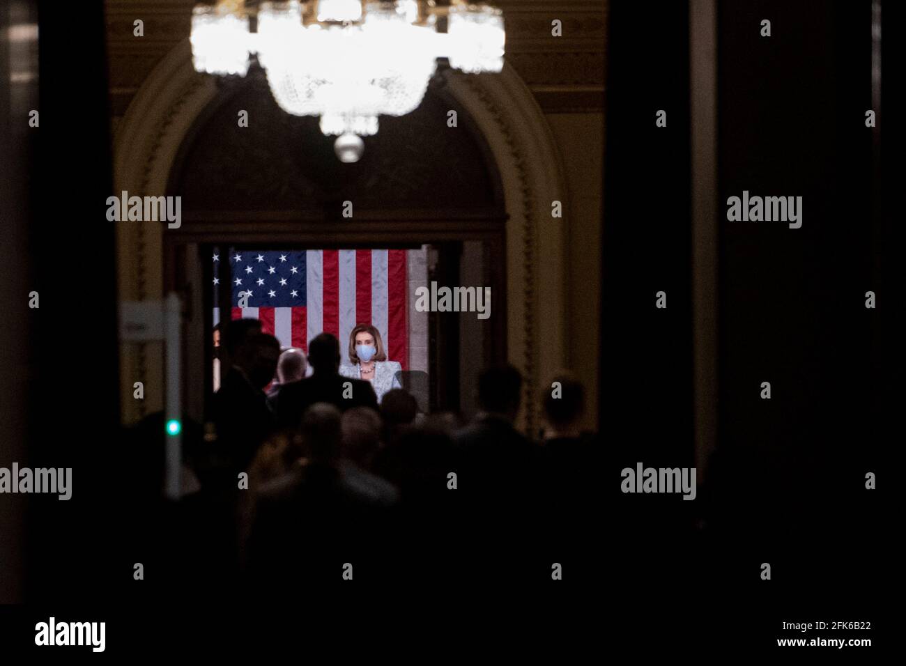 Washington, United States Of America. 28th Apr, 2021. Speaker of the United States House of Representatives Nancy Pelosi (Democrat of California) awaits members of Congress as they arrive in the House chamber for President Joe Biden's speech to a joint session of Congress at the US Capitol in Washington, DC, Wednesday, April, 28, 2021. Credit: Rod Lamkey/CNP | usage worldwide Credit: dpa/Alamy Live News Stock Photo