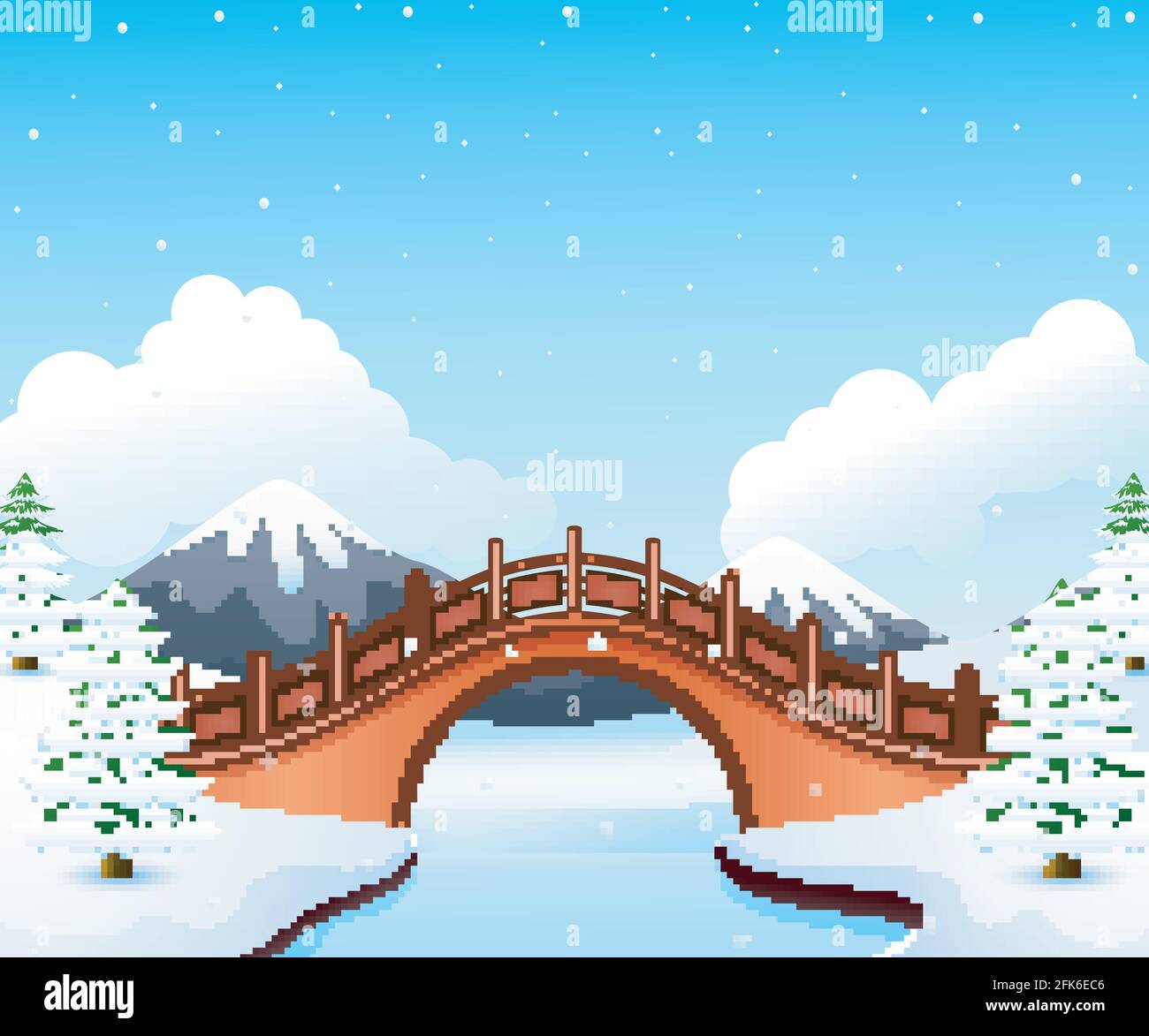 Winter landscape with mountain and small stone bridge over river Stock Vector