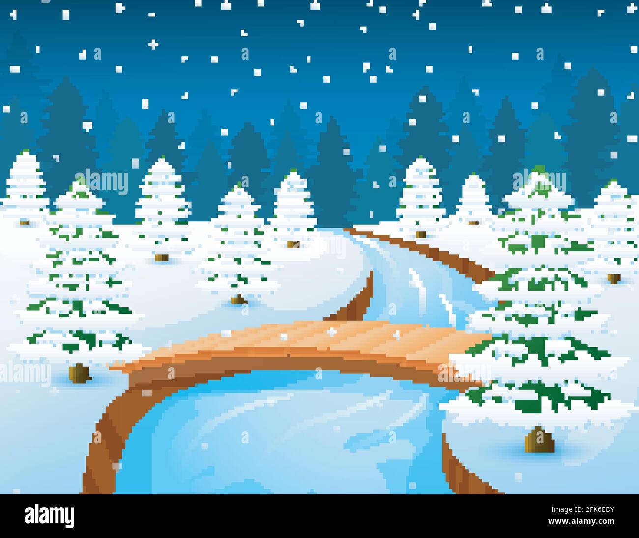 Vector illustration of Cartoon winter landscape with forest and small  wooden bridge over river Stock Vector Image & Art - Alamy