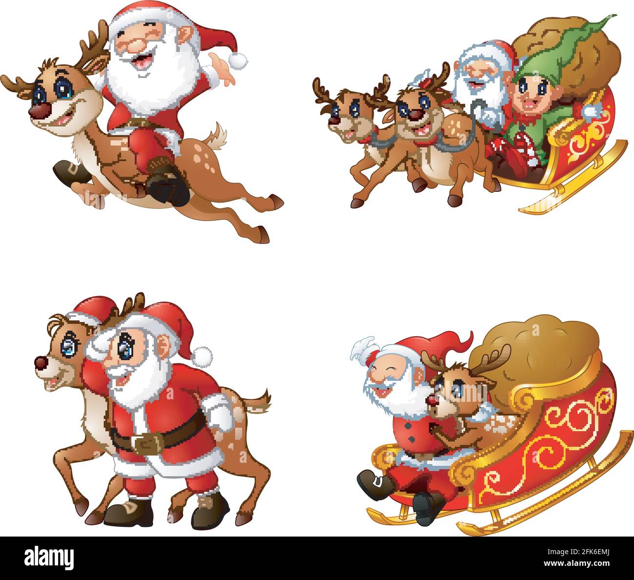 Vector illustration of Collection of happy santa claus with a sleigh ...