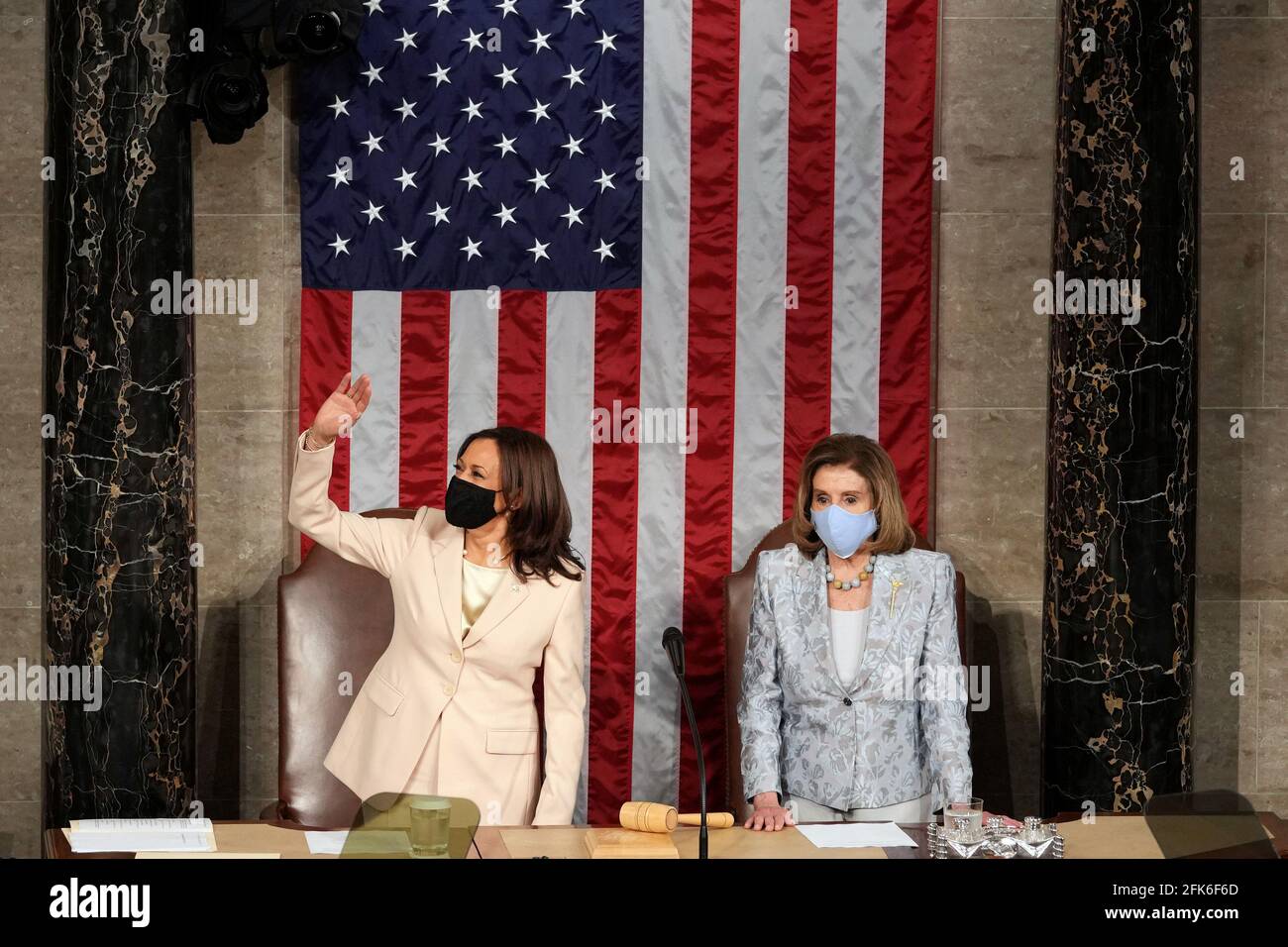 Washington, United States. 28th Apr, 2021. Vice President Kamala Harris (L) stands with Speaker of the US House of Representatives Nancy Pelosi (D-CA) before President Joe Biden delivers his first address to a joint session of Congress two days before his 100th day in office, at the U.S. Capitol in Washington DC, on Wednesday, April 28, 2021. Pool photo by Doug Mills/UPI Credit: UPI/Alamy Live News Stock Photo