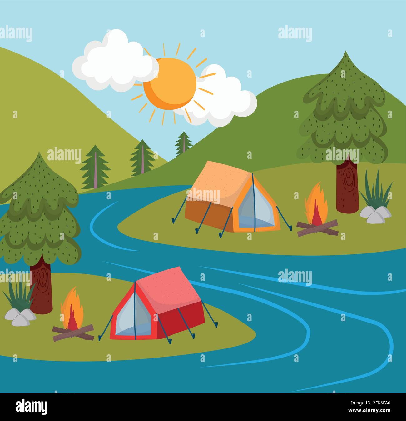 camping tents river forest grass Stock Vector Image & Art - Alamy