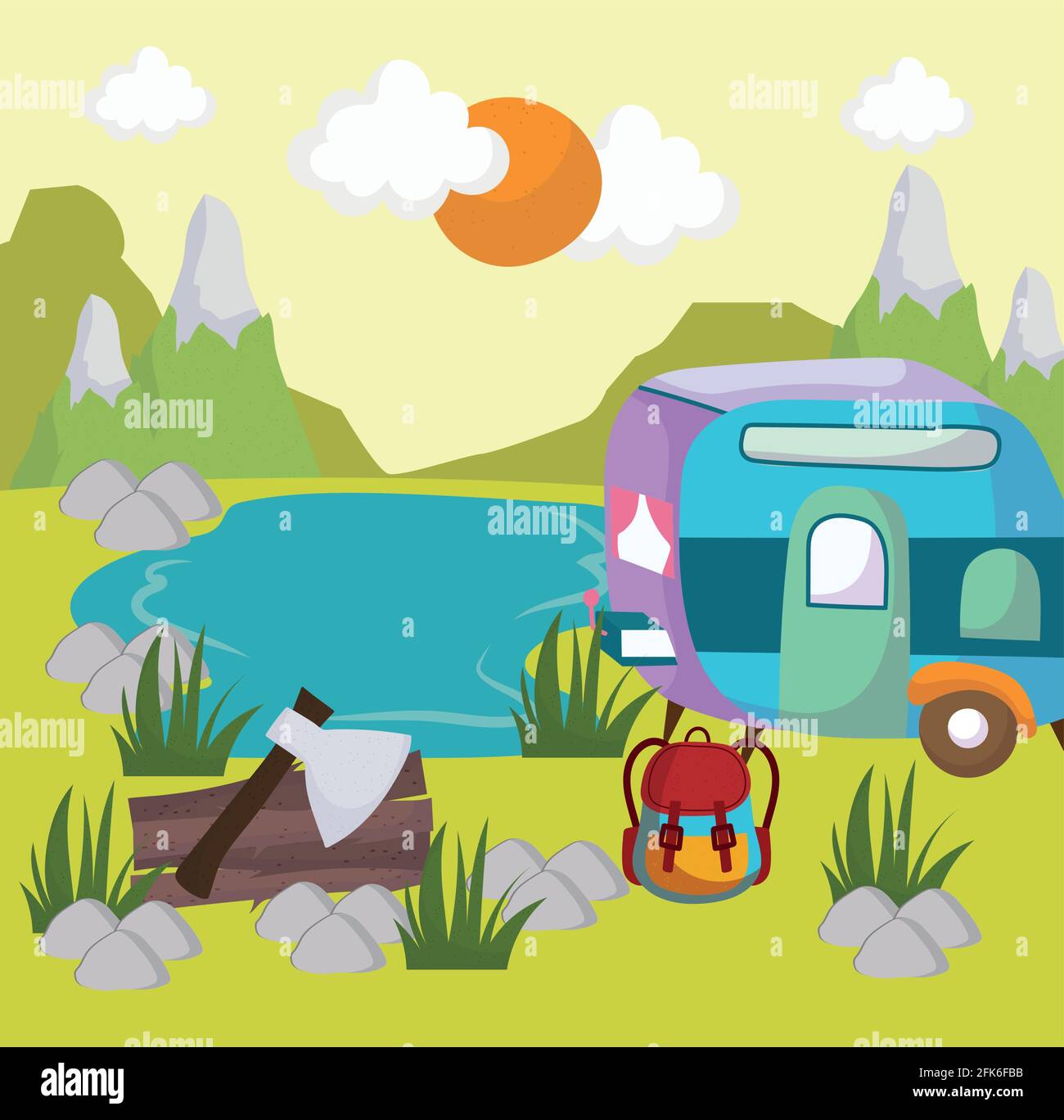 camping camper lake bag ax landscape Stock Vector Image & Art - Alamy