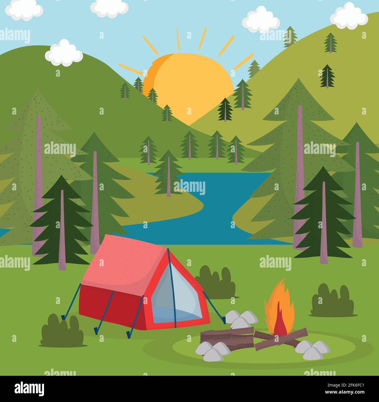 camping forest tent river campfire Stock Vector Image & Art - Alamy