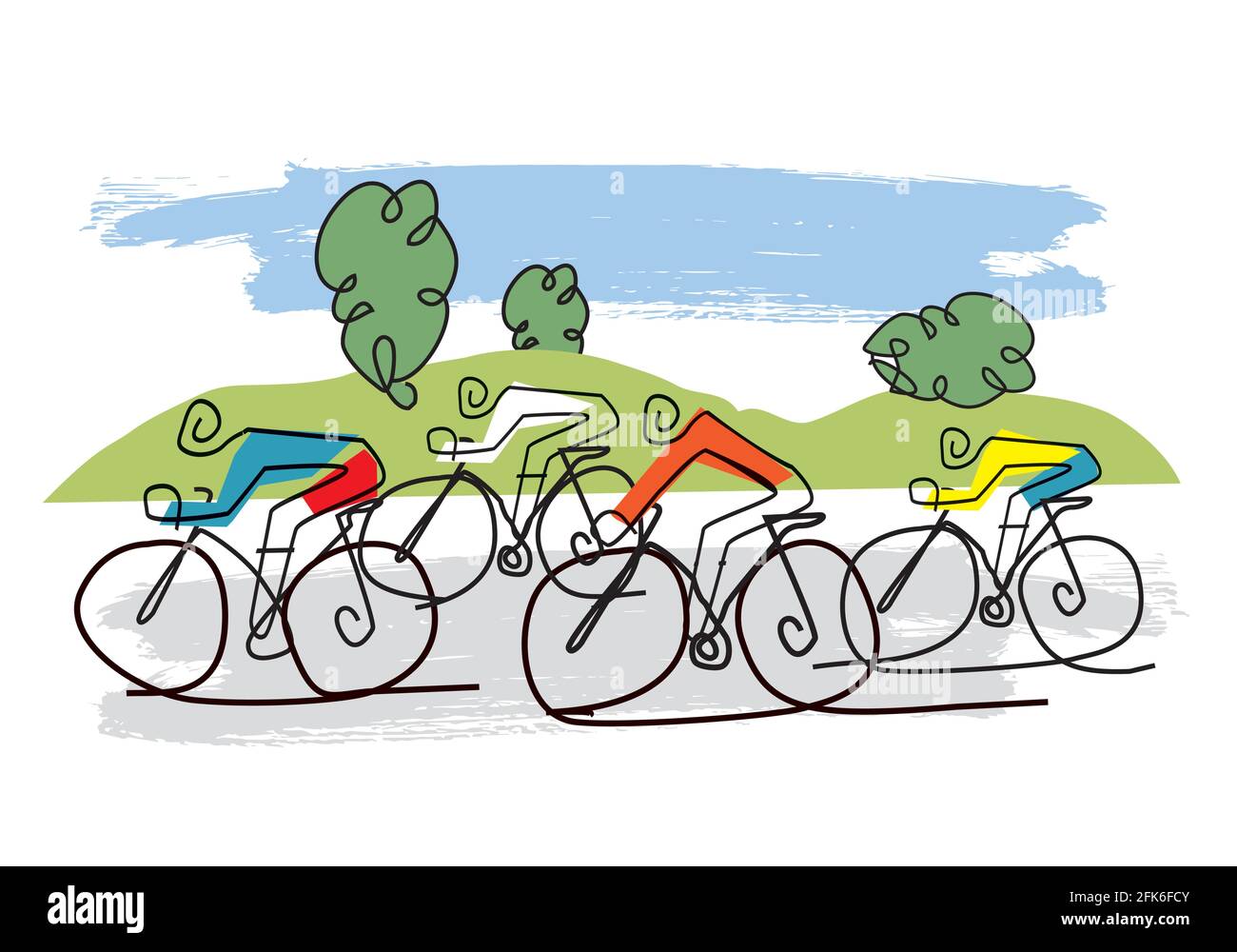 Cycling race, line art stylized cartoon. Stylized drawing of road cyclists  in a hilly landscape. Vector available Stock Vector Image & Art - Alamy