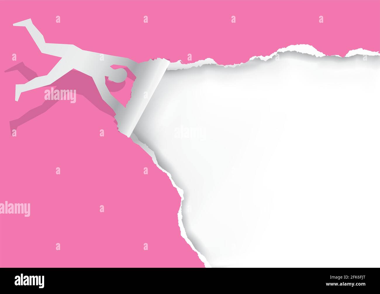 Flying man,tearing paper, funny pink torn paper banner template. Paper silhouette of man revealing white background with place for your text or image Stock Vector