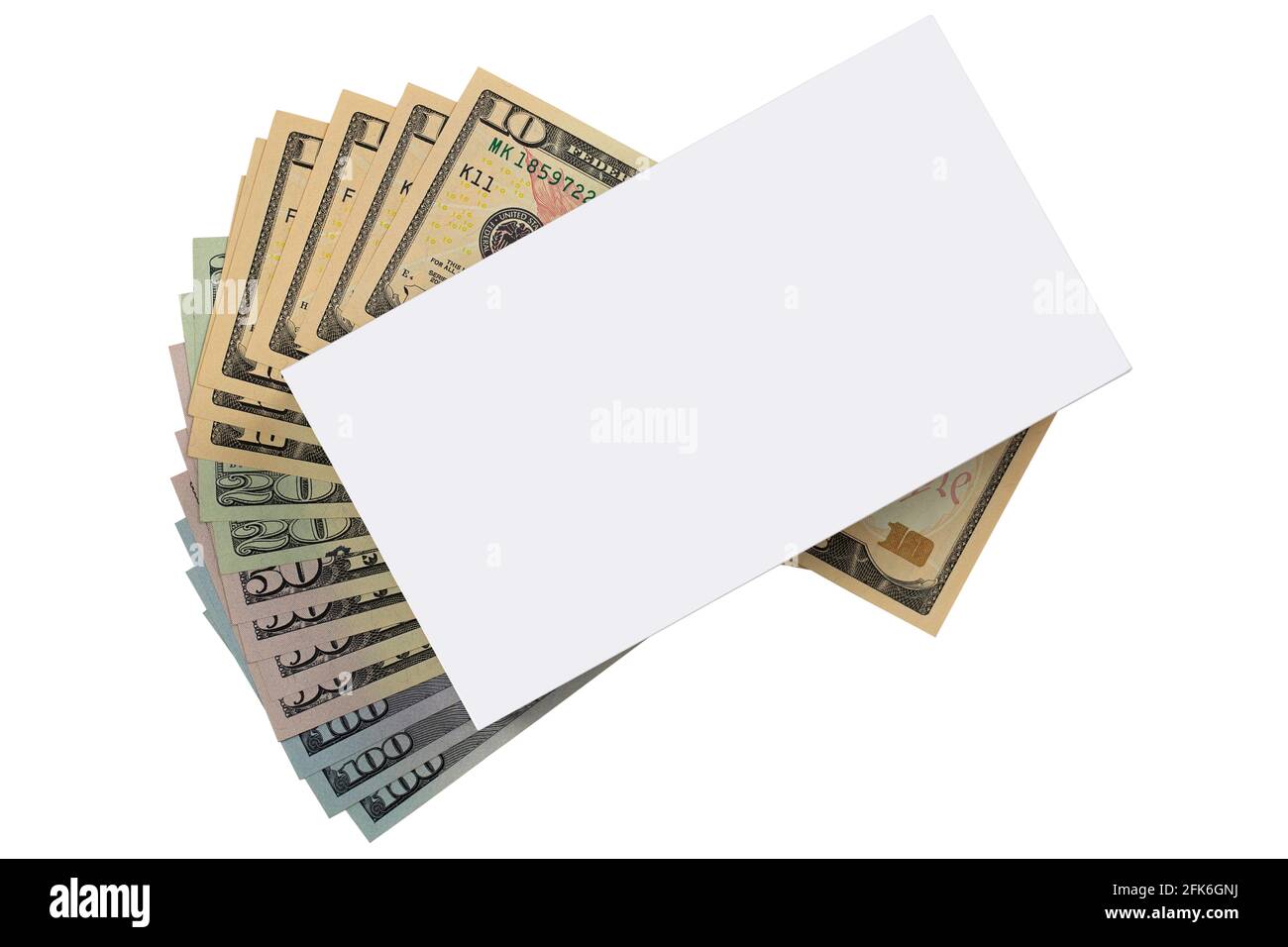 White gift box present on American banknote money isolated on white background Stock Photo