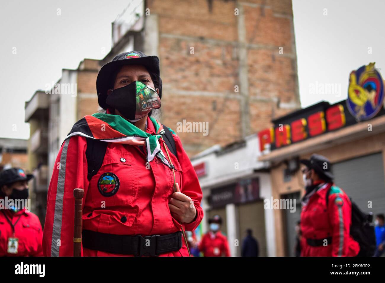 Ipiales, Narino, Colombia. 28th Apr, 2021. Indigenous guard protects the course of the protest and its demostrators in Ipiales on April 28, 2021 Credit: Juan Camilo Erazo Caicedo/LongVisual/ZUMA Wire/Alamy Live News Stock Photo