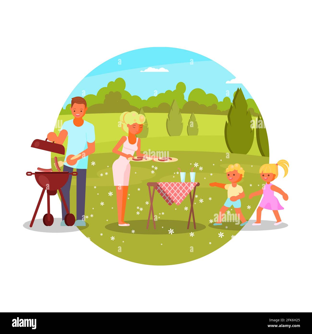 Family bbq, vector illustration. Mom dad kids cooking, eating grilled  sausages. Barbecue party, summer leisure activity Stock Vector Image & Art  - Alamy