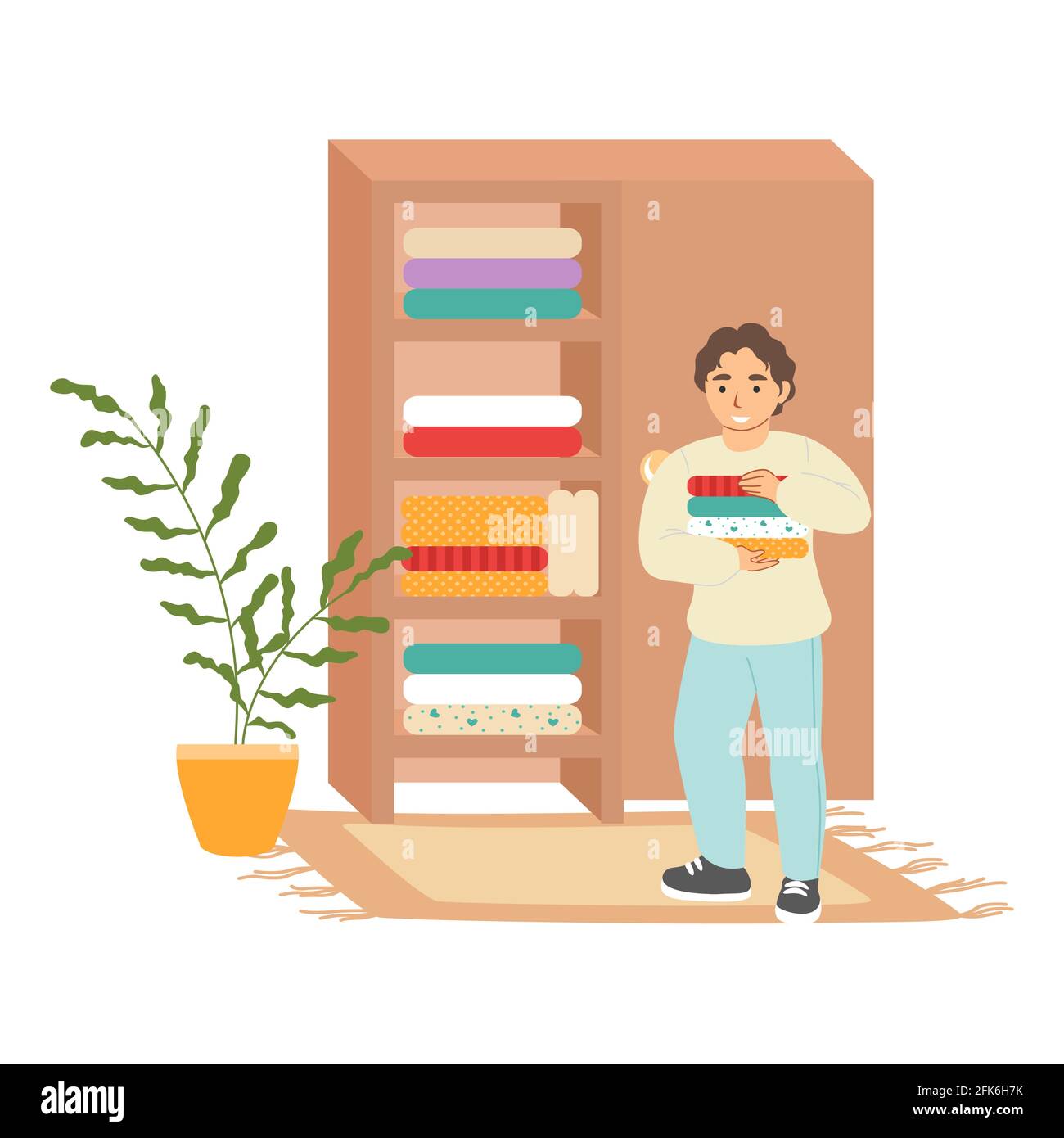 Cute boy putting folded clothes in wardrobe, cleaning house, flat vector illustration. Kids household chores. Stock Vector