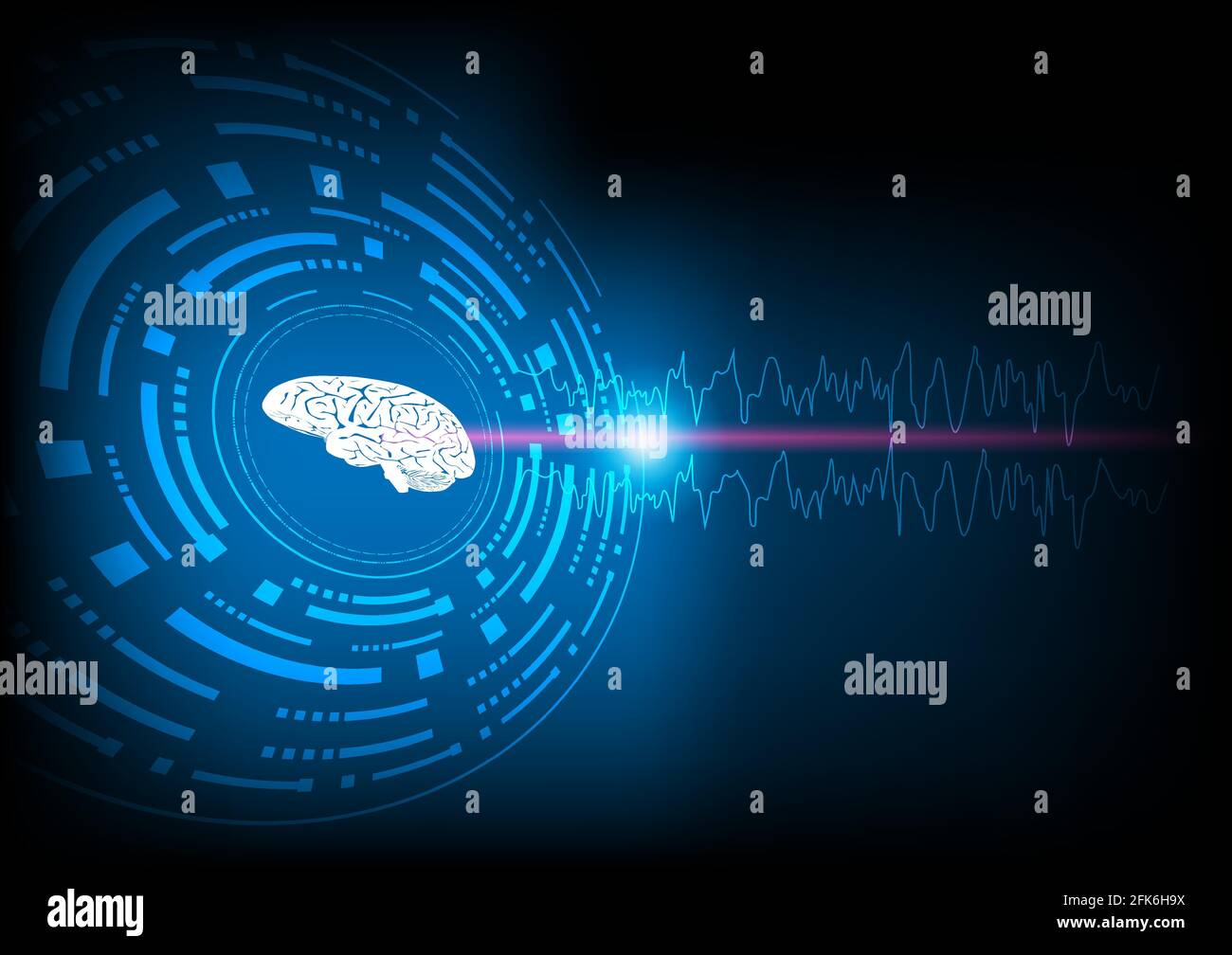 Focal seizure. Illustration of human brain and electroencephalograhy or EEG originating from one regional onset. Technology background. Stock Vector