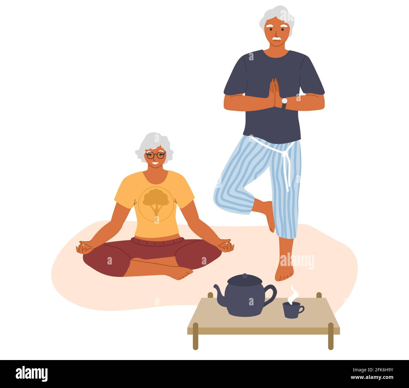 Elderly couple meditating, doing yoga at home, vector illustration. Sport, fitness for seniors. Active healthy lifestyle Stock Vector