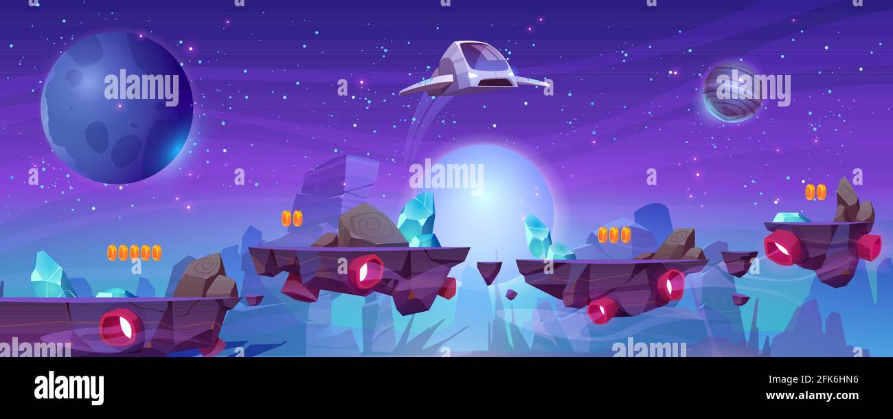 Space game level background with platforms and flying spaceship. Vector cartoon illustration of cosmos with alien planets, stars, coins and shuttle for gui interface of arcade game Stock Vector