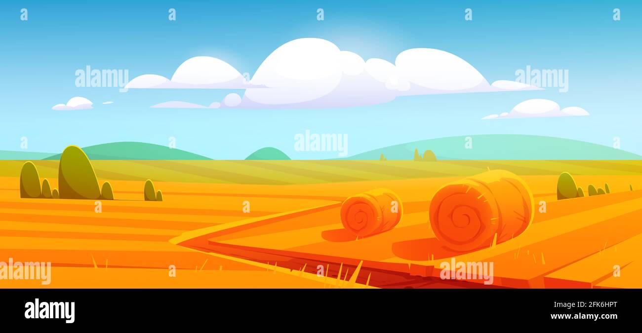 Rural landscape with hay bales on agriculture farm field. Vector cartoon illustration of countryside, farmland with round wheat straw rolls, yellow haystacks and barns Stock Vector
