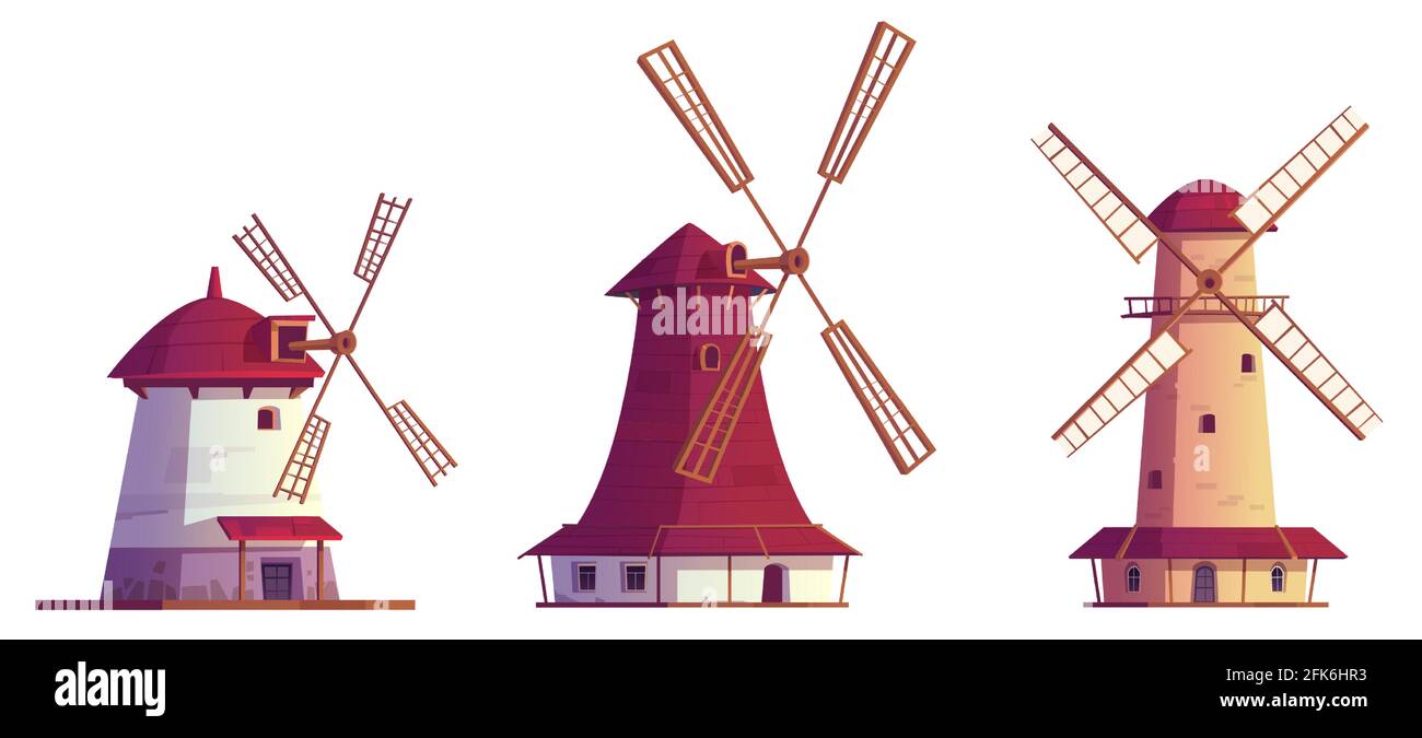 Cartoon windmills antique buildings. Traditional wind mills for flour grinding, rural structure with vanes propeller. Millstones for grain or bread processing. vintage architecture Vector illustration Stock Vector