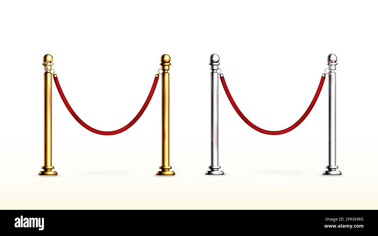 Red rope barrier with gold and silver stanchions. Velvet fence for entrance to cinema, club, theater and vip hall. Vector realistic set of 3d luxury barrier with golden posts for gallery and museum Stock Vector