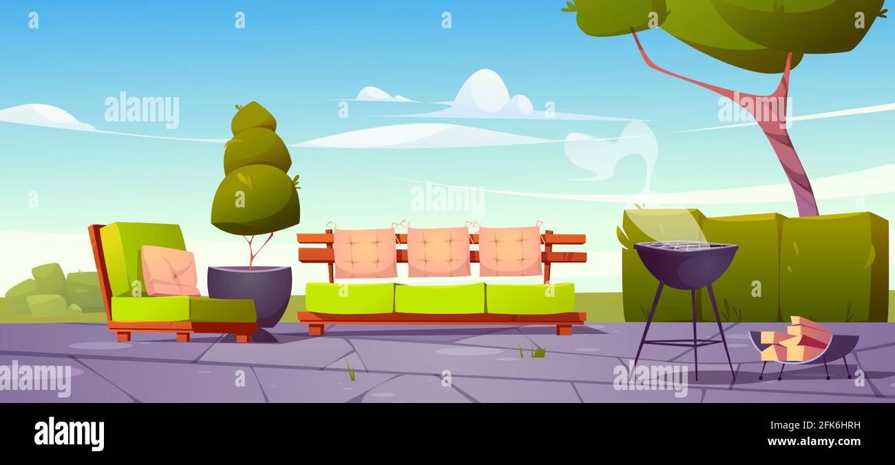 House backyard, patio with sofa, armchair and cooking grill for bbq. Green lawn, couch, chair, trees and garden fence on back yard. Vector cartoon summer landscape with furniture for barbeque party Stock Vector