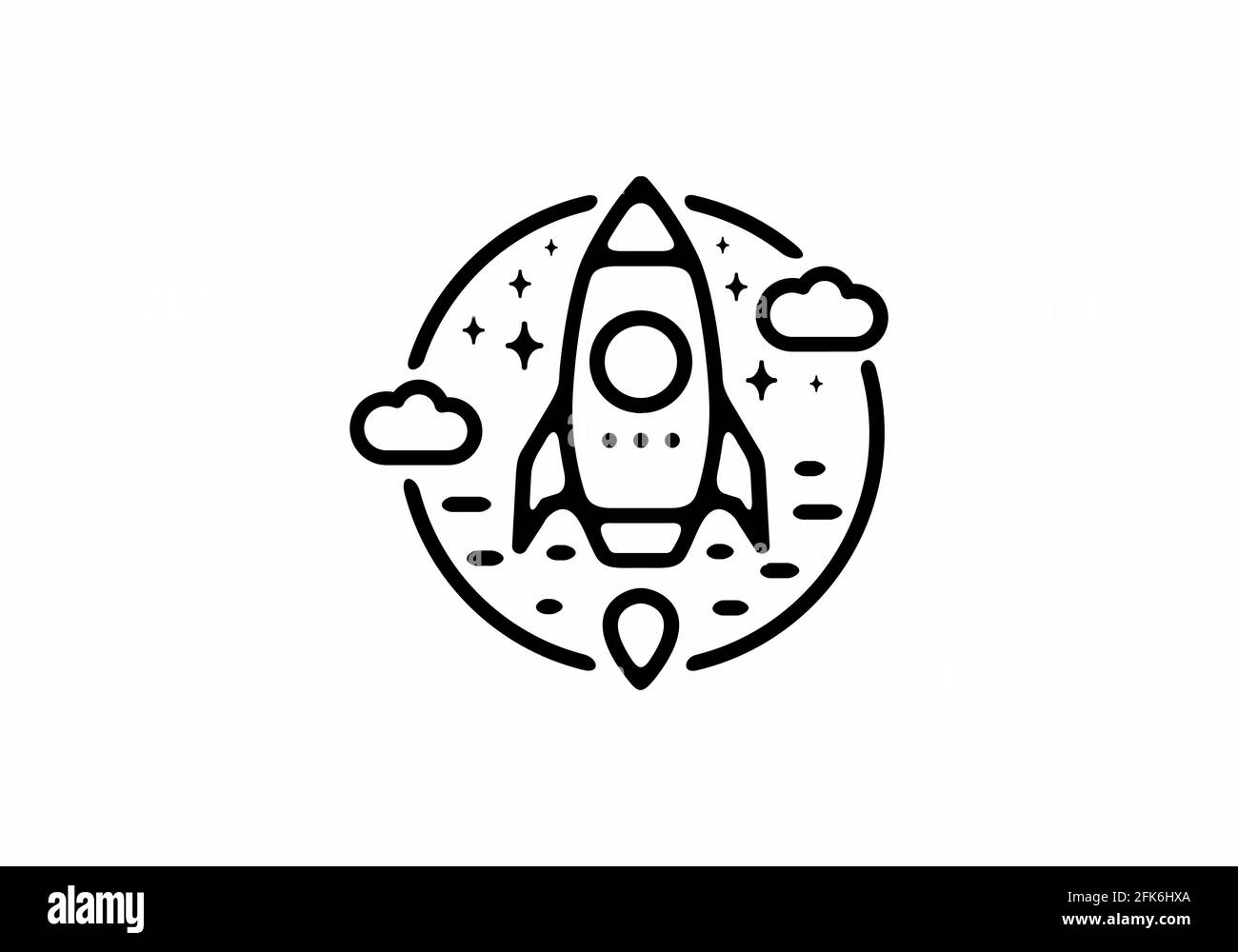 Black line art illustration of flying rocket in circle shape design ...