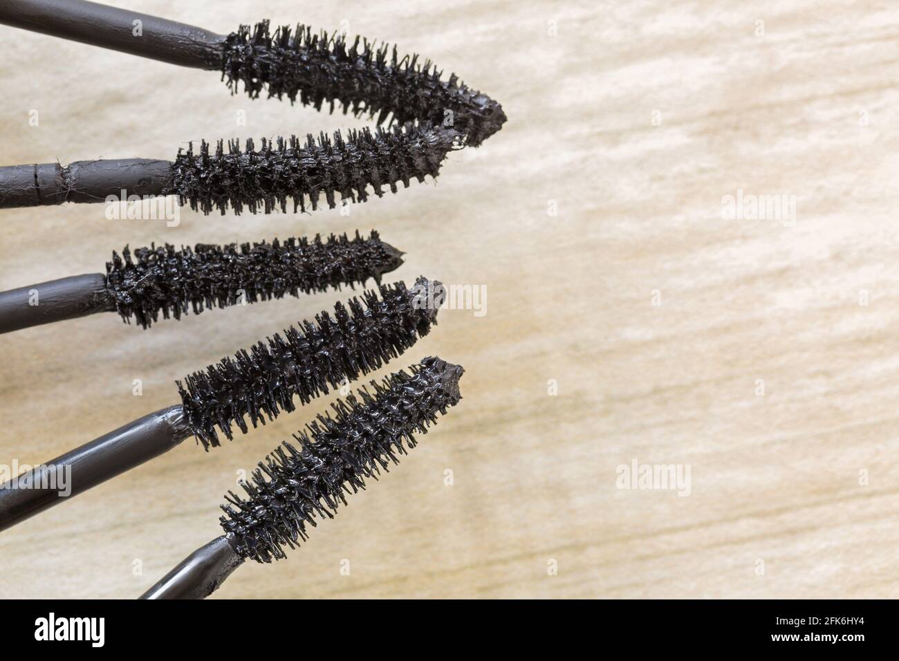 Closeup of various mascara brushes, cosmetic to enhance eyelashes from