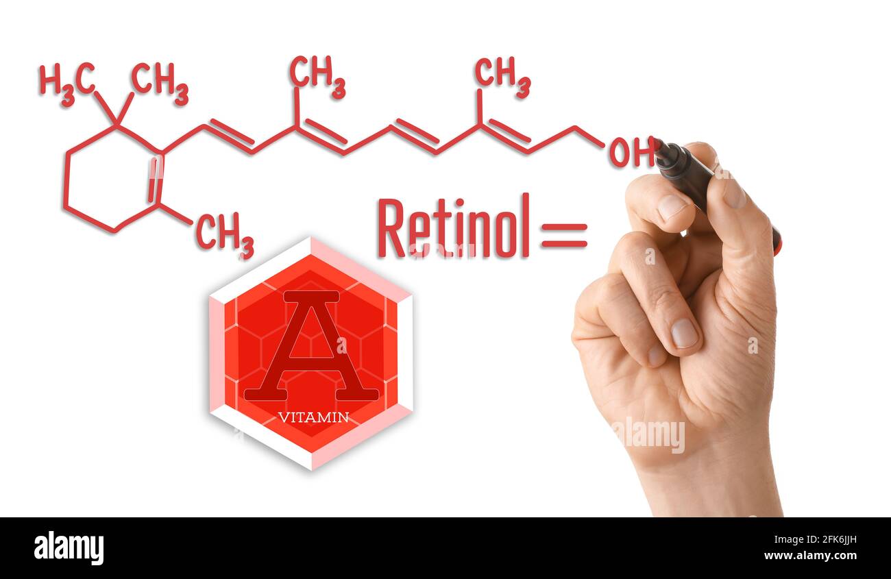 Woman with marker drawing chemical structural formula of retinol on