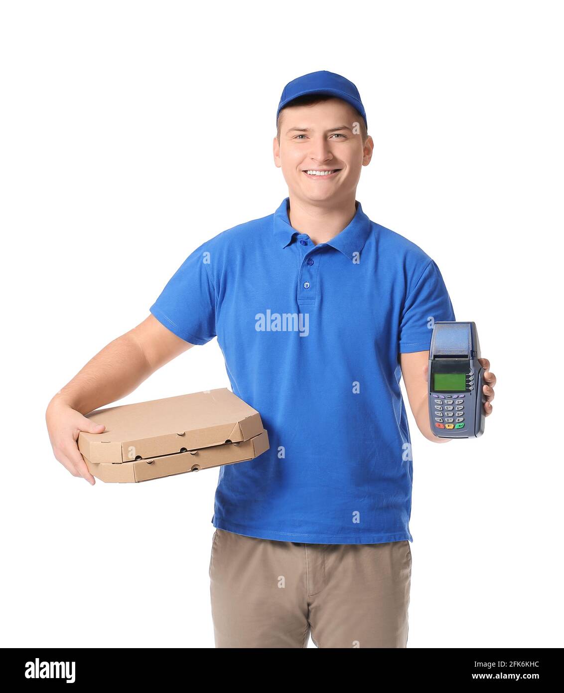 Courier of food delivery service with payment terminal on white