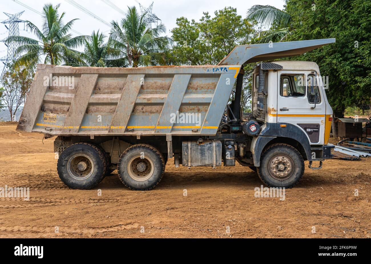 Tata LPK 2518 HD 9S Hylife is a tipper truck for the mining and construction industry with a GVW of 25,000 kg and a 9-speed gearbox. Stock Photo