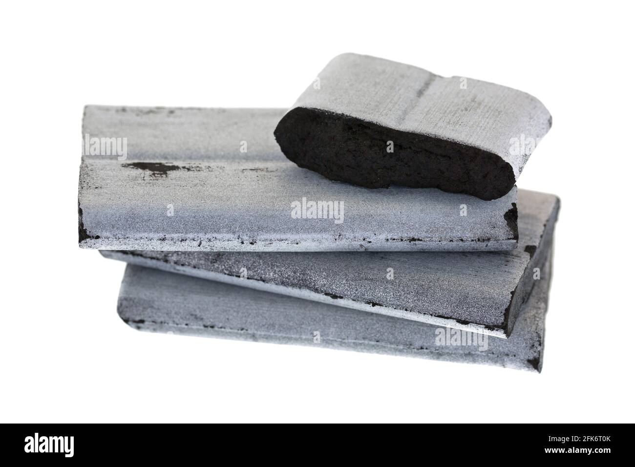 Closeup of square high temperature incense Bamboo silver charcoals to use with aromatic resin gum, free of chemical additives isolated on white backgr Stock Photo