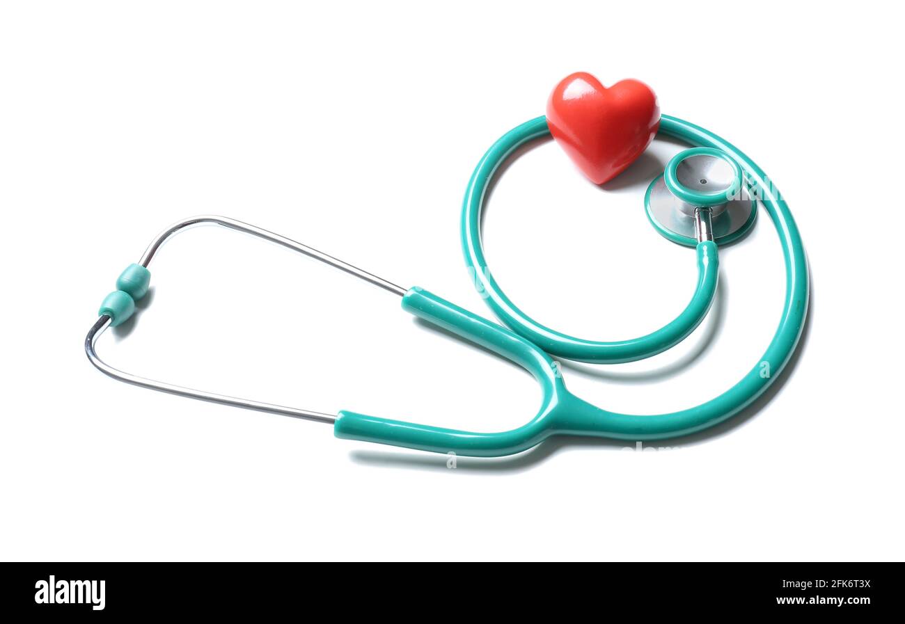 Modern stethoscope and red heart on white background Stock Photo - Alamy