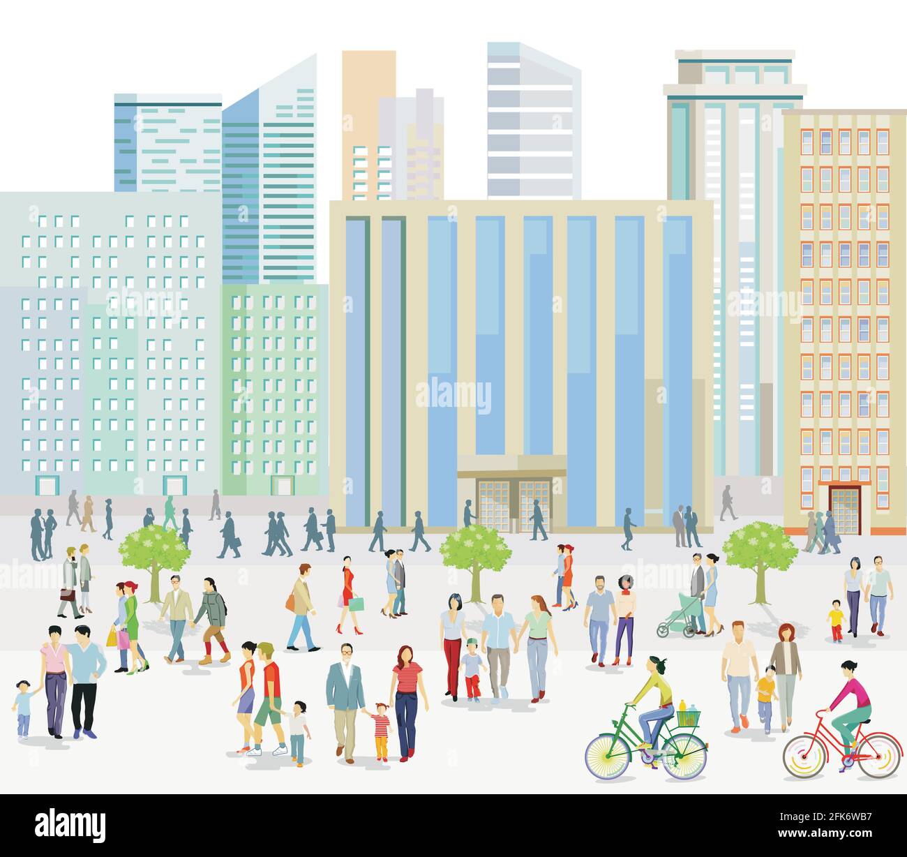Big city with People on the sidewalk illustration Stock Vector
