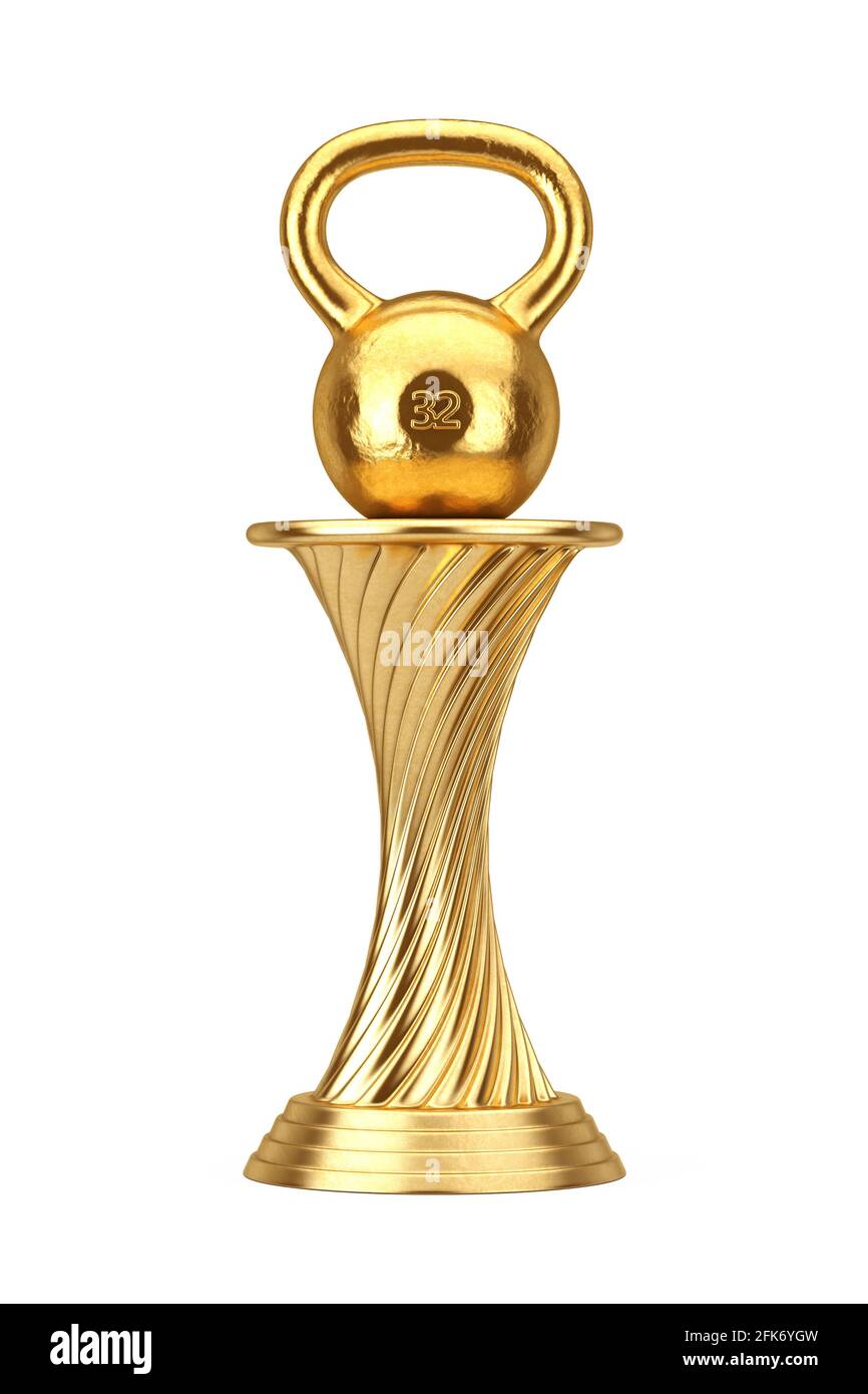 Fitness Award Concept. Golden Award Trophy Dumbbell Weight on a white
