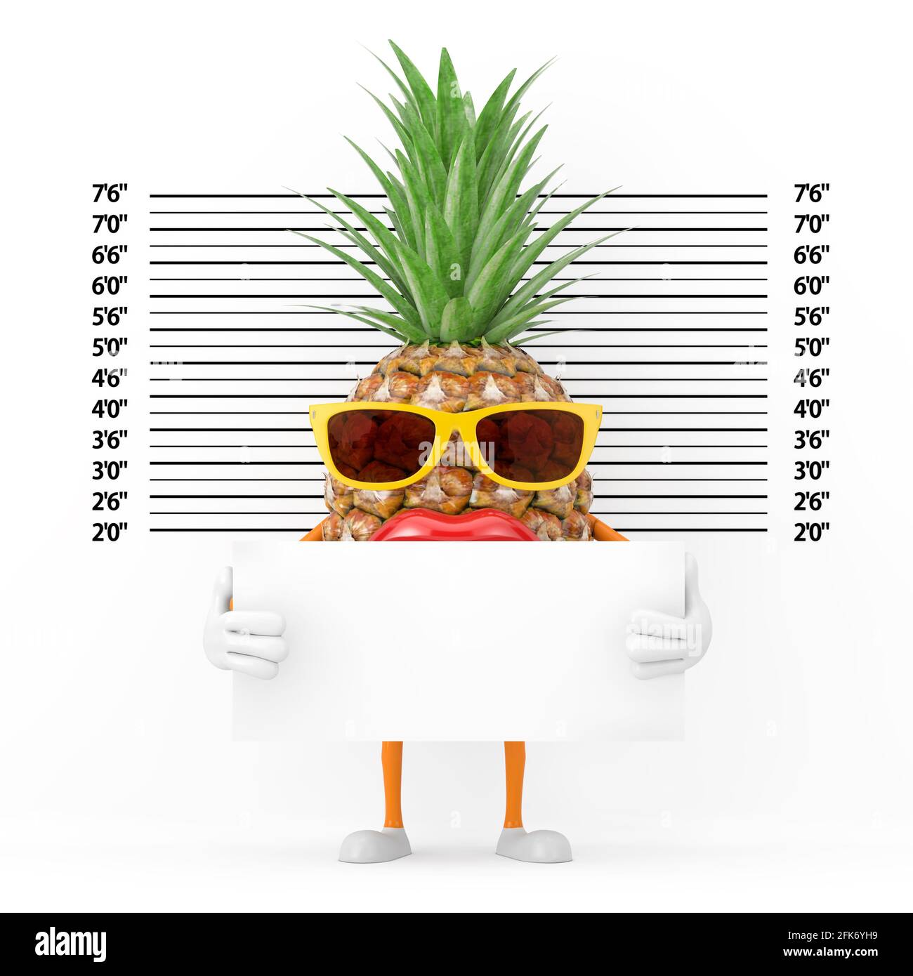 Fun Cartoon Fashion Hipster Cut Pineapple Person Character Mascot with Identification Plate in front of Police Lineup or Mugshot Background extreme cl Stock Photo