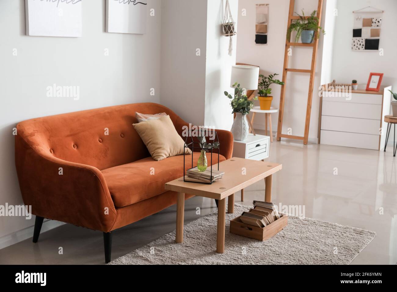 Stylish interior of living room with comfortable sofa Stock Photo - Alamy