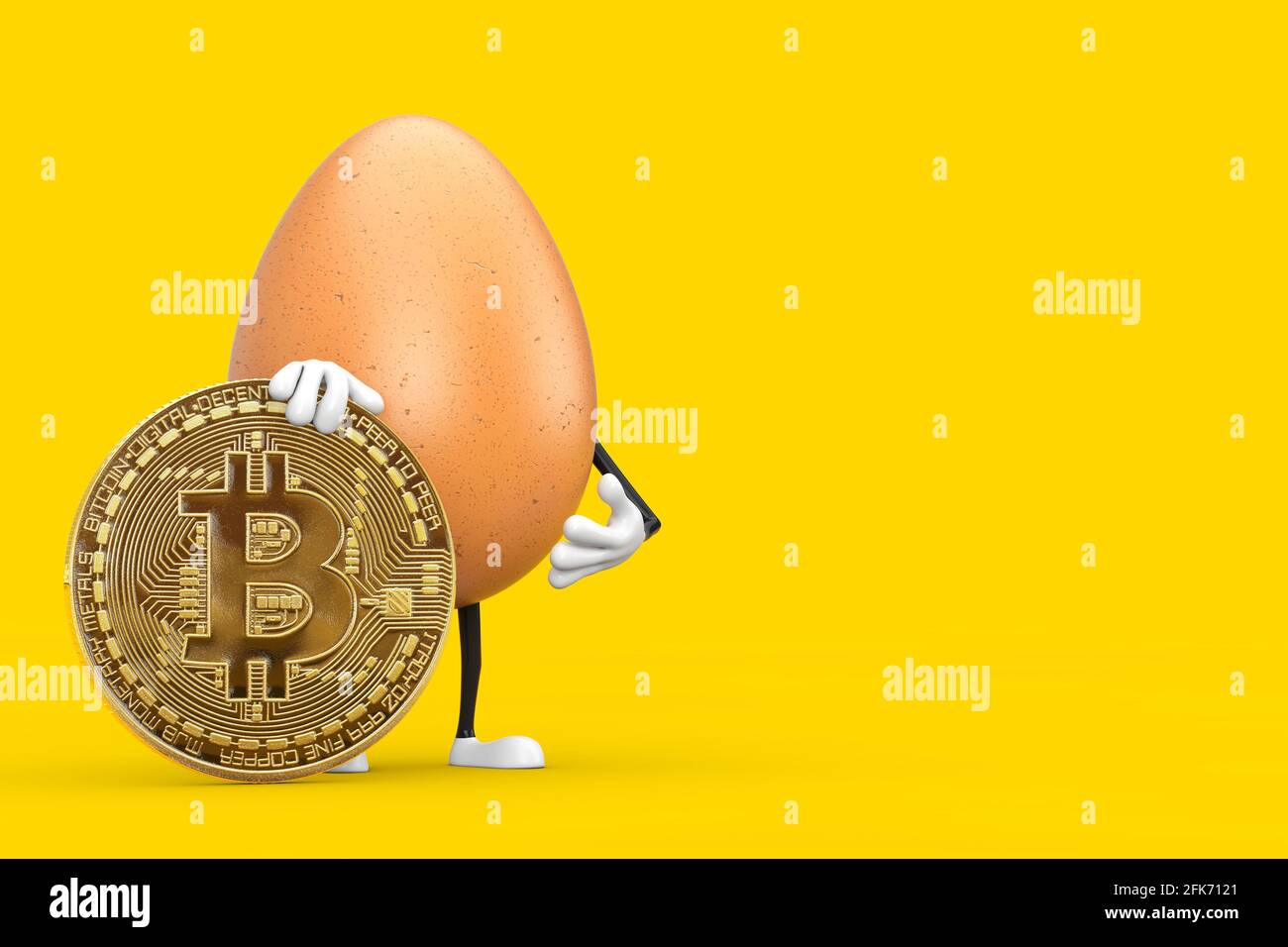 Brown Chicken Egg Person Character Mascot with Digital and Cryptocurrency  Golden Bitcoin Coin on a yellow background. 3d Rendering Stock Photo - Alamy